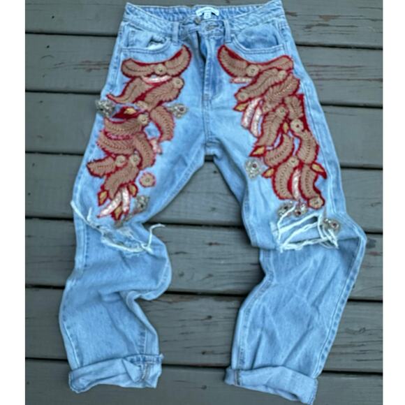 Upcycled Jeans Reworked red gold Patches one of a kind Sz s glam Bohemian velvet